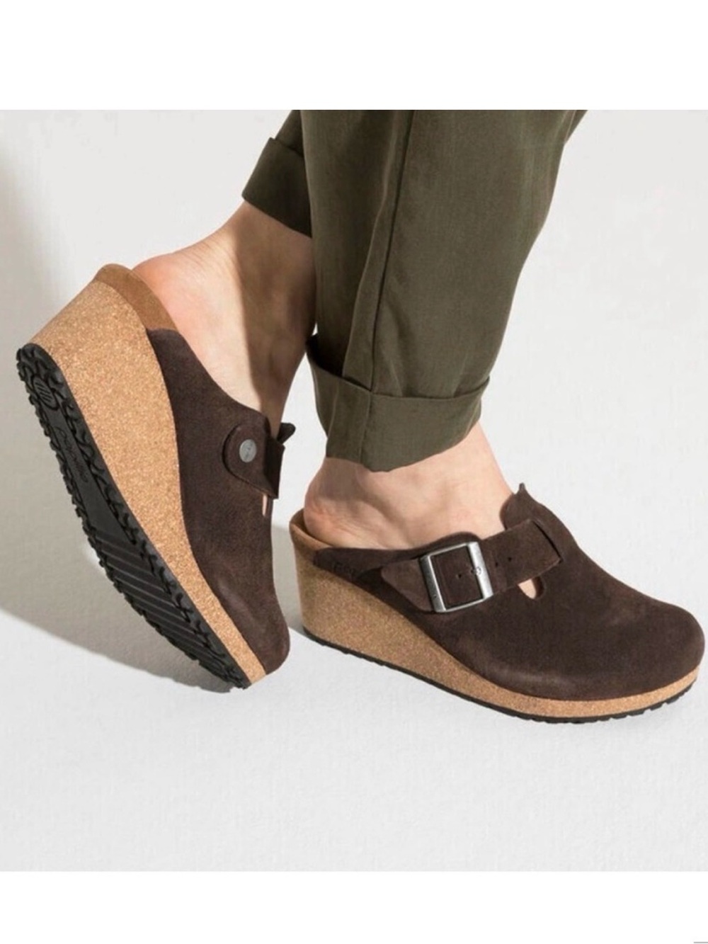 Birkenstock Papillio Fanny Roast Brown Slip-on Buckle Wedge Clog Mules SZ 41
